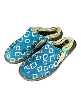 Sanuk Yoga Sling Cruz Sandals Women’s 8 Blue Geometric Pattern Yoga Mat Footbed